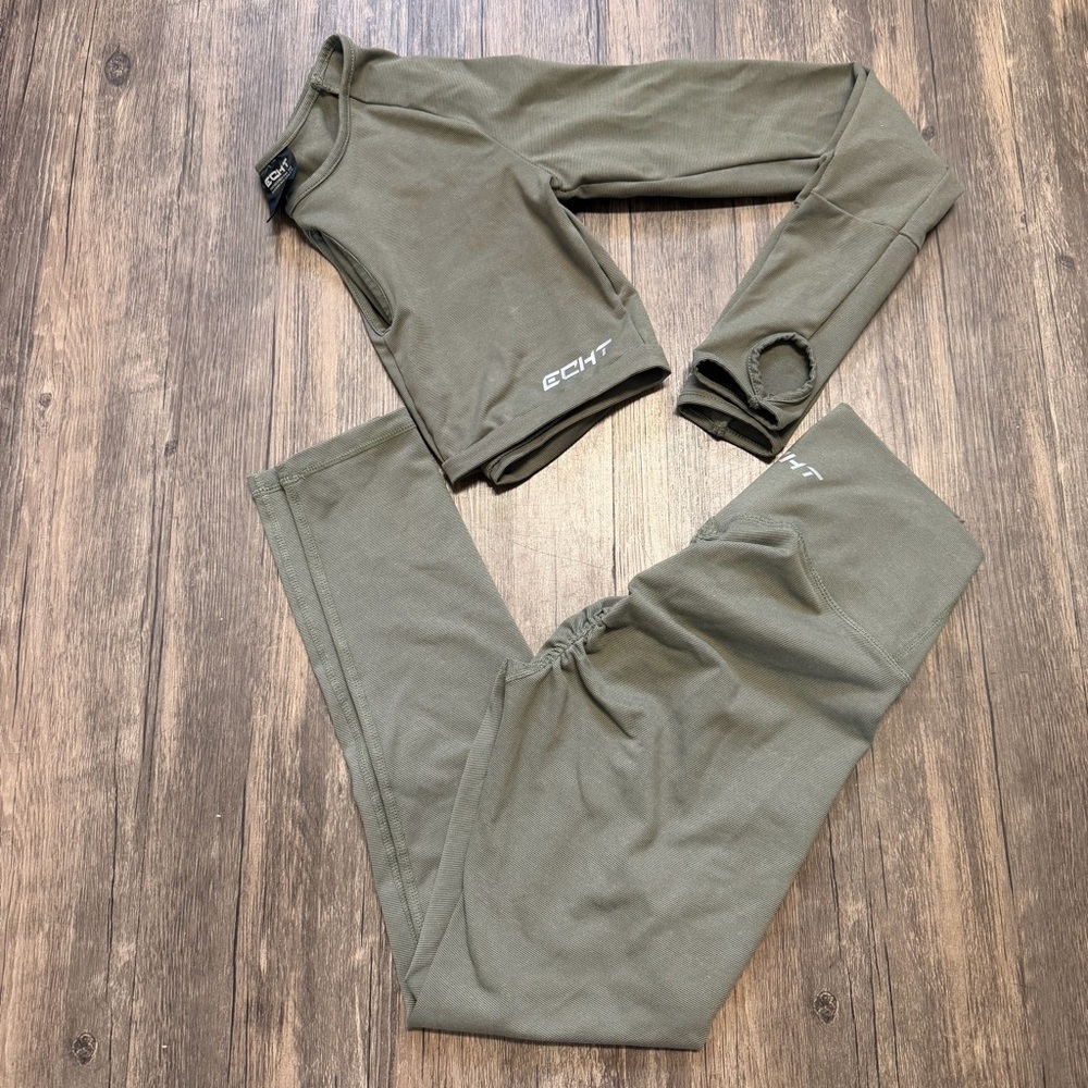 ECHT Activewear Set Leggings Green Long Sleeve Crop Top Stretch Scrunch Bootie S